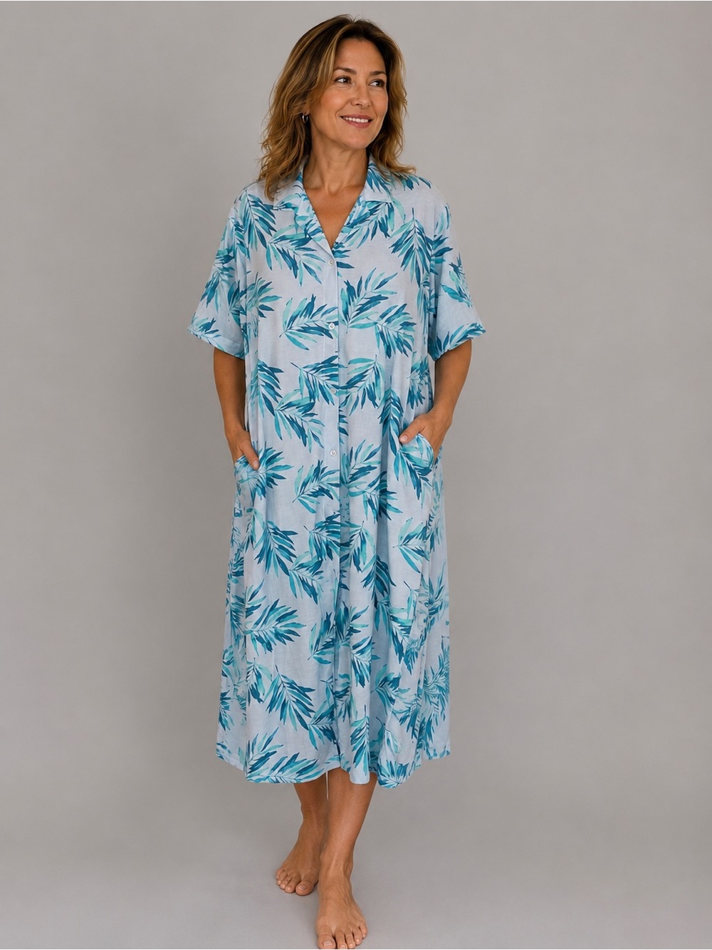 Jones New York Blue Tropical Leaf House Dress / Robe – Size Medium – NWT
